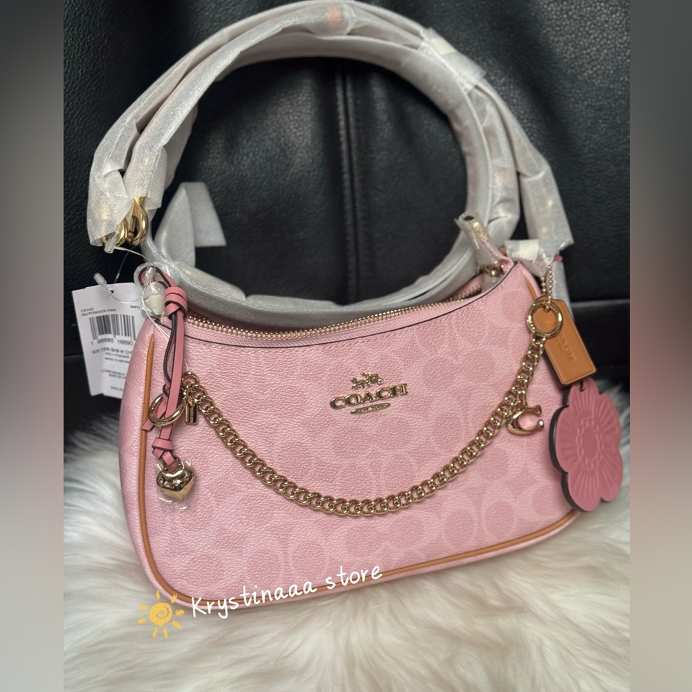 NWT Coach Gold Powder Pink Teri Shoulder Bag Signature with Charms CEA20 - Picture 2 of 11